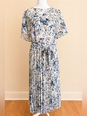 Baltic Born Off White and Blue Floral Midi Dress with Tie Waist